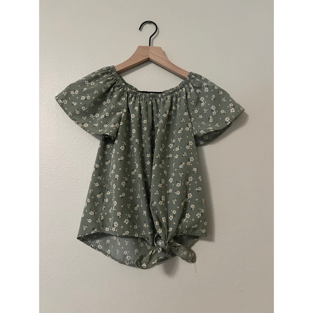 Jenna & Jessie Girls Sage Green Daisy Floral Off Shoulder Tie Front Top Size 10